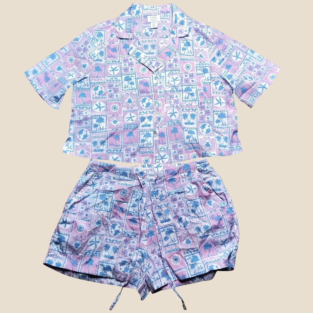 Sigrid Olsen Sleepwear Womens Medium Pink Blue Tropical Palm Starfish Pajama Set